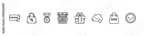 A set of cute and minimalist line icons for shopping rewards and customer loyalty programs, featuring a coupon, medal, treasure chest, gift box, and savings bag.