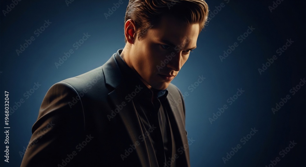 Fototapeta premium Young professional man in a suit, serious mood, introspective moment with head down and dim studio background.