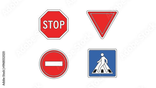 Set of Four Road Traffic Signs: Stop, Yield, No Entry, Pedestrian Crossing