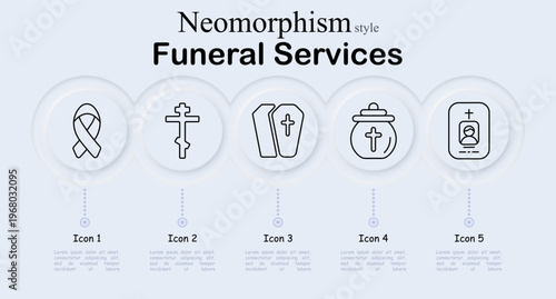 Funeral services set icon. Neomorphic circular interface line icons with awareness ribbon symbol, orthodox cross monument, coffin casket pair, funeral urn ashes, memorial portrait frame