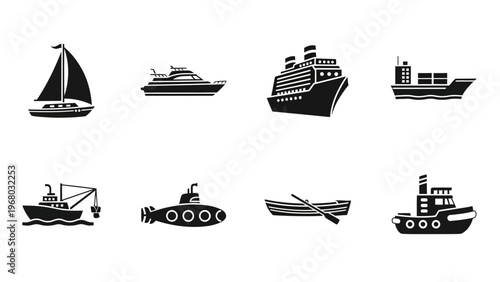 Set of Various Watercraft Icons: Sailboat, Yacht, Cruise Ship, Cargo Ship, Fishing Boat, Submarine, Rowboat, Tugboat