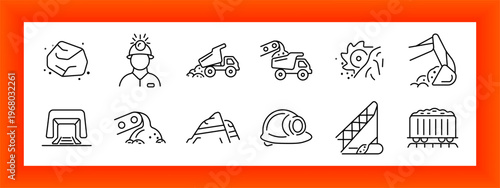 Mining industry set icon. Rock stone, worker helmet, dump truck, drilling machine, cutting blade, excavator arm, tunnel entrance, conveyor system, mountain site, safety helmet, inclined track