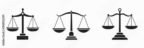 Modern Justice Scale Icons Set – Minimal Legal Balance Symbols Collection, Law and Order Concept, Court System, Lawyer Tools, Clean Elegant Vector Illustration for Legal Design