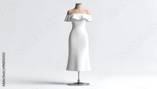 A white, off-the-shoulder dress displayed on a mannequin against a white backdrop
