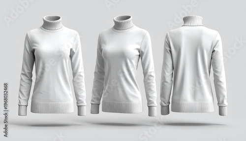 Three views of a plain, white, slim-fit turtleneck sweater. Front, side, and back
