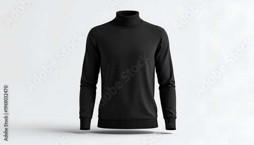 A minimalist, isolated shot of a sleek black turtleneck sweater against a white backdrop