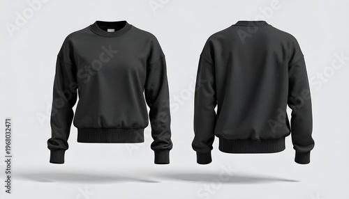 A front and back view of a black, blank sweatshirt floating on a white background