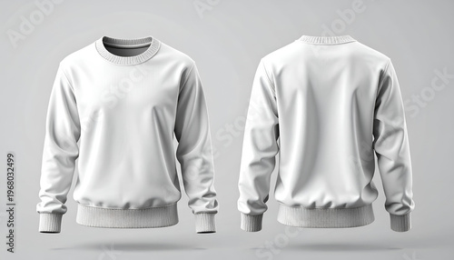 Front and back views of a white crewneck sweatshirt, floating on a light gray background
