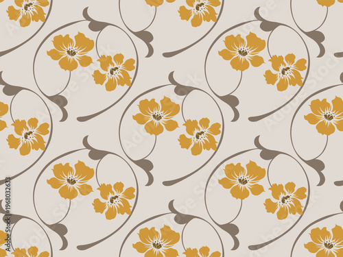 Vintage mustard floral swirl seamless pattern silhouette blooming flower and organic curve motif.