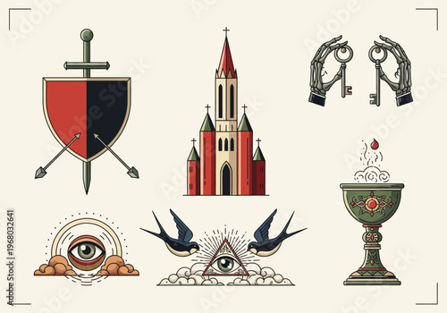 Vintage Traditional Tattoo Flash Set with Occult and Medieval Symbols, Gothic Cathedral, Holy Grail, and Eye of Providence Vector Illustration