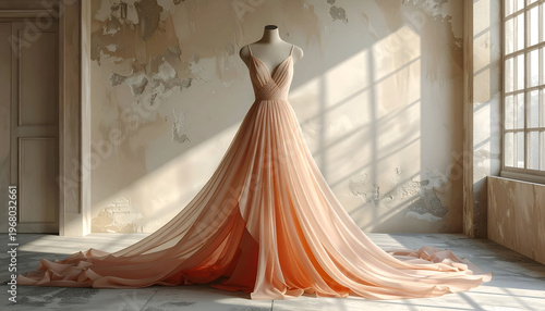 Peach-colored, flowing gown on a mannequin with a long train, by a window in a rustic room