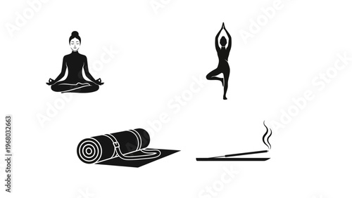 Yoga and Meditation Icons: Poses, Mat, and Incense