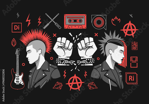 Punk Rock Subculture Illustration Featuring Rebel Characters, Anarchy Symbols, Broken Chains, and Music Elements