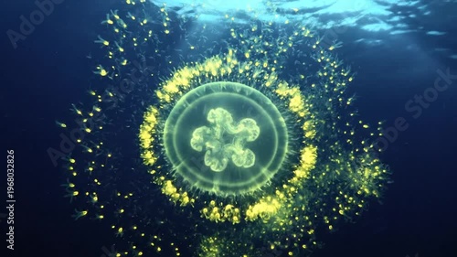 Abstract underwater scene of bioluminescent organism and particles