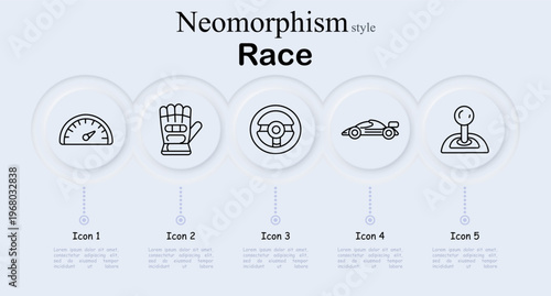 Race set icon. Speedometer gauge dial, racing glove protection gear, steering wheel control, formula race car vehicle, manual gear shifter lever