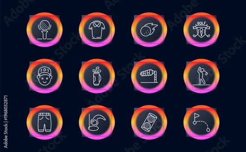 Golf sport set icon. Ball tee, polo shirt, flying ball, golf club emblem, golfer cap, golf bag clubs, wind sock flag, swing player, shorts uniform, bunker shot, golf cart speaker, hole flag trajectory