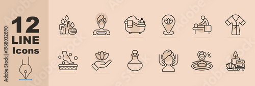 Spa treatment set icon. Line icons with candles, face treatment, bath tub, location spa, massage session, robe clothing, foot bath, hand holding flower, oil bottle, head massage, sauna bath