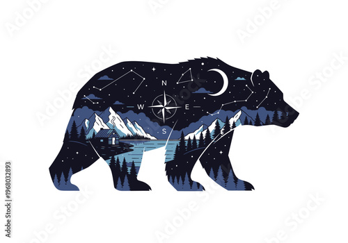 Bear Silhouette Double Exposure Illustration with Night Mountain Landscape, Forest, Cabin and Compass - Wilderness Adventure Graphic