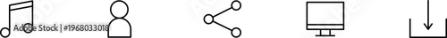 Set of simple outline icons music user share computer download