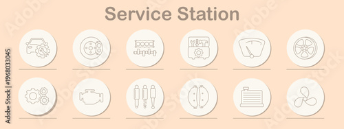 Service station automotive set icon. Line style icons display car gear, brake disk, engine block, diagnostics tools, speedometer gauge, wheel rim, gear system, engine unit, shock absorbers