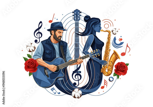 Artistic Jazz and Blues Music Duo Illustration with Man Playing Guitar and Woman Playing Saxophone, Musical Notes and Floral Elements