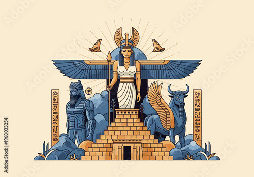 Stylized Ancient Mesopotamian Illustration of Goddess Ishtar on a Ziggurat with Lamassu and Winged Bull Mythology Symbols