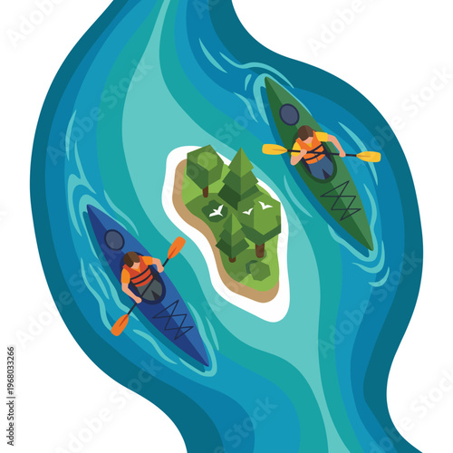 This image portrays two kayakers paddling through serene waters, surrounded by lush greenery, capturing the essence of adventure, exploration, and the beauty of nature.