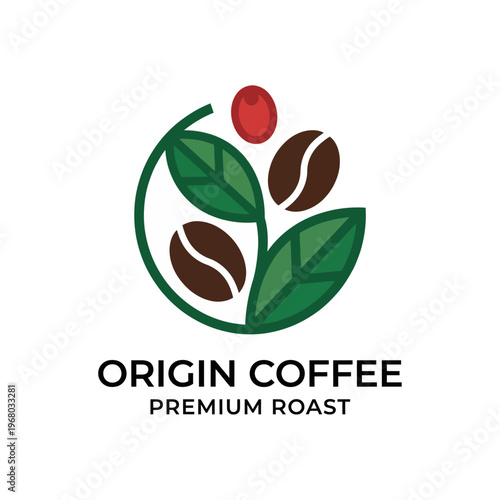 A stylized logo design representing coffee beans, leaves, and a coffee cherry, ideal for a premium coffee roast brand looking for a distinctive visual identity.