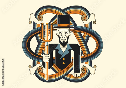 Stylized Abraham Lincoln Illustration with Top Hat and Pitchfork, Retro Americana Folk Art Style