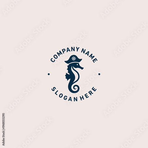 This image presents a sophisticated seahorse logo design with a pirate theme, incorporating subtle artistic elements, suitable for companies seeking an imaginative branding identity.