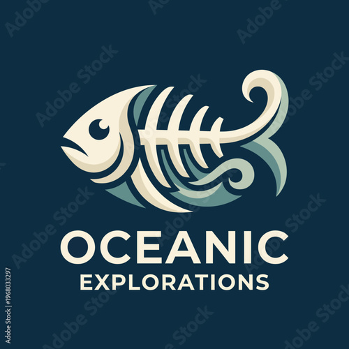 A unique logo design featuring a stylized fish skeleton, representing oceanic explorations and the deep mysteries of marine life and adventure on the seas.