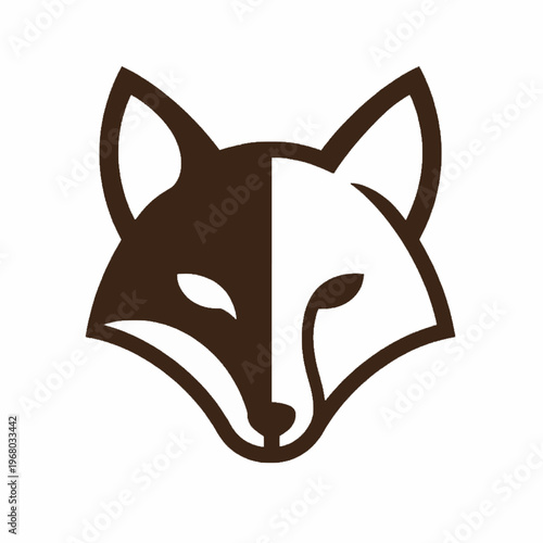 An abstract representation of a fox face, perfectly split down the middle with contrasting colors, symbolizing cunningness and creativity for modern branding themes.
