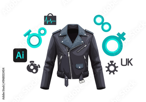 Stylish Black Leather Biker Jacket Illustration with Icons for Fashion, Technology, and Identity
