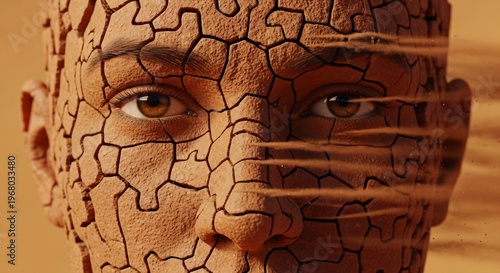 Close-up of cracked and eroded human face, symbolizing mental health crisis, trauma, dissociation, and psychological distress.