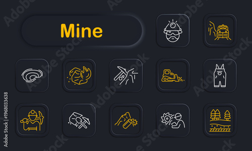 Mine set icon. Miner helmet with lamp, tunnel train, cave layers, burning rock, pickaxe mining, bulldozer, work overalls, miner with tool, crossed pickaxes, dynamite explosion, gear worker