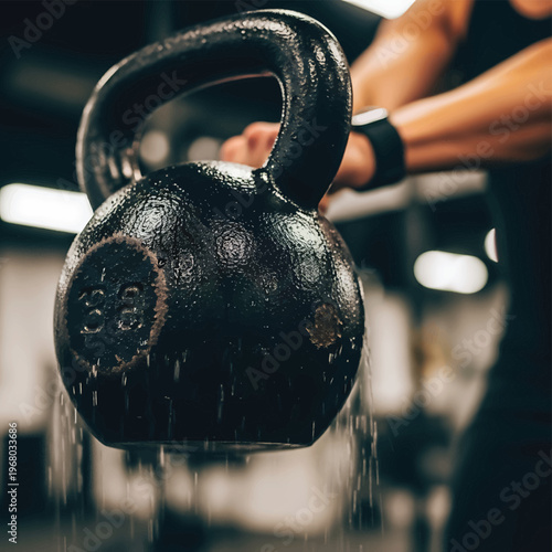 Black kettlebell with sweaty handle.