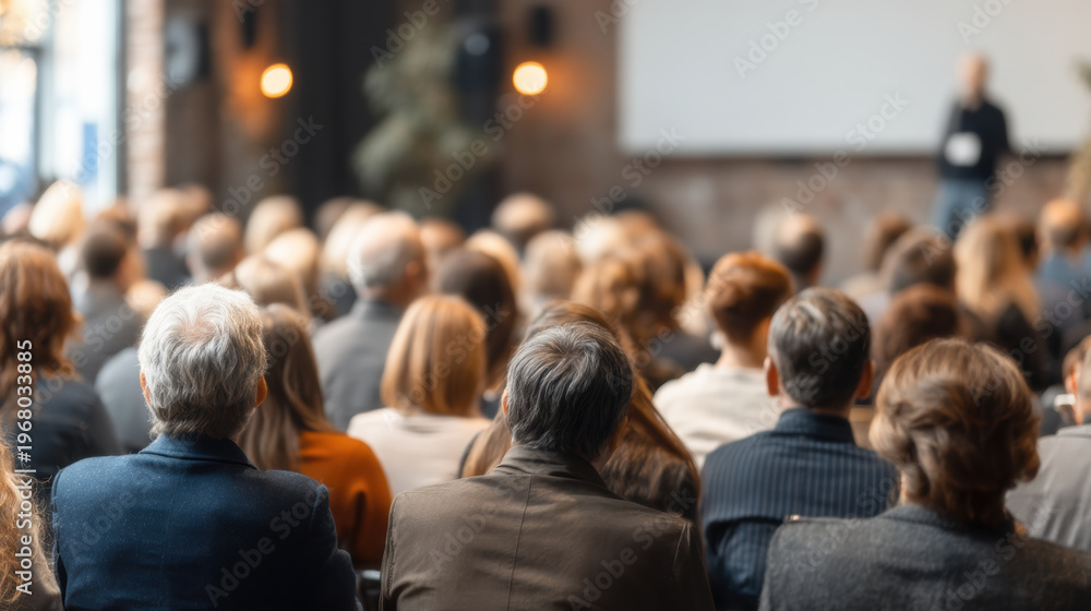 Obraz premium Audience event seminar conference people business meeting presentation speaker education professional indoor group focus rear view
