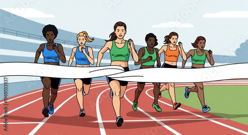 Women athletes racing on a track crossing the finish line together in a competitive event