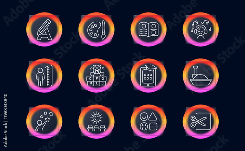 Education set icon. Pencil stand, paint palette, open textbook, music listening child, height ruler, alphabet blocks toy, mobile learning, sandbox play, star juggling kid, sunny playground seats