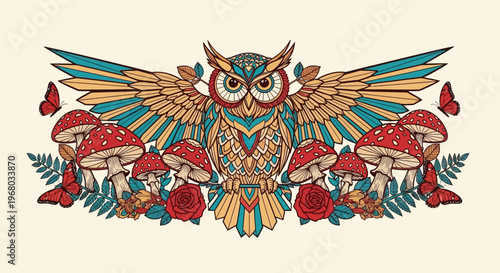Ornate Owl Illustration with Red Amanita Mushrooms, Roses, and Butterflies in Vintage Bohemian Style; Decorative Forest Nature Art