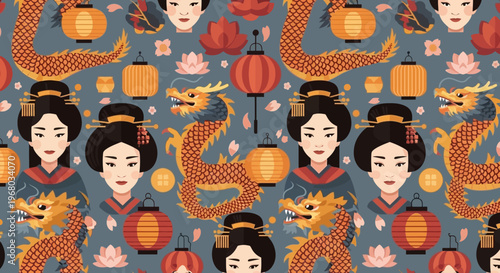Seamless Pattern with Japanese Geisha Faces, Golden Chinese Dragons, Traditional Lanterns, and Lotus Flowers in Flat Illustration Style for Textile and Wallpaper Design