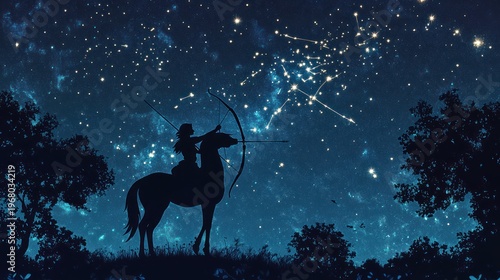 Silhouetted archer on a centaur, night sky, starry, forest