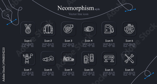 Motorsport racing set icon. Winner medal, racing jacket, turbo engine, exhaust speed, fuel pump, start badge, champion celebration, nitro boost, racing car, starting grid, pit stop