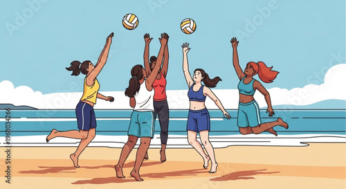 Diverse women playing volleyball on sunny beach with ocean view happy friends jumping and hitting balls