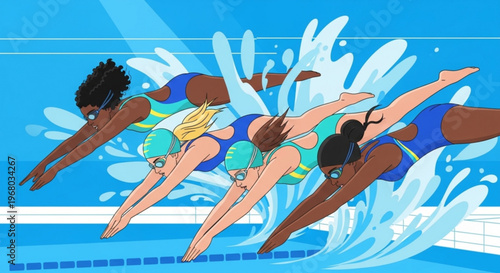 Diverse women in swimsuits diving into a swimming pool with a splash competitive swimming athleticism and teamwork