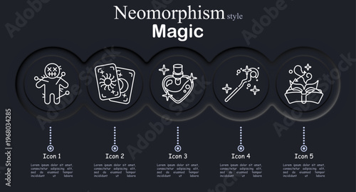 Magic set icon. Neomorphic circular interface line icons with stitched voodoo doll pins, tarot card pair sun moon, heart potion bottle sparkles, magic wand star trail, open spell book symbols