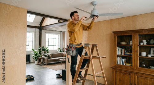 Skilled handyman installs ceiling fan on a sturdy step ladder in a bright room