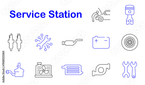 Service station set icon. Engine, battery, wheel, wrench, filter, spark, repair, maintenance, mechanic, garage, automotive, transport, equipment, oil, diagnostic, industry, vehicle, tool, fix