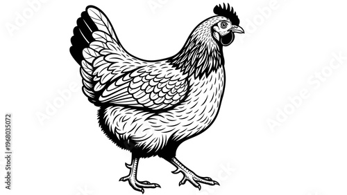 Black and White Illustration of a Chicken Walking
