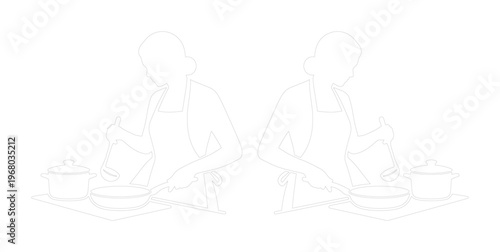 Minimalist white line art of woman cooking in kitchen, simple contour illustration of female chef with frying pan and pot, elegant kitchen vector